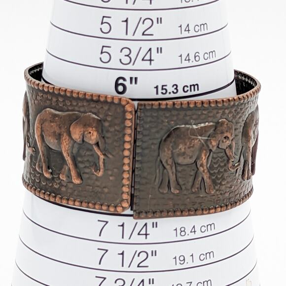 Vintage Copper Elephant Bangle Hinged Wide Bracelet Stamped Metal w Beaded Edge - Picture 7 of 9